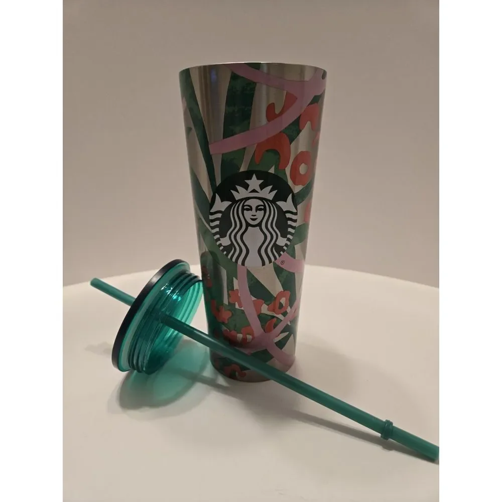 Starbucks Green‎ Pink Jungle Print Stainless Tumbler Cup 24 Oz Venti